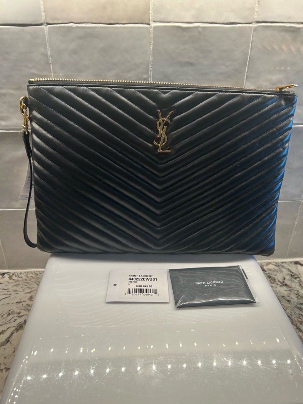 Yves Saint Laurent Black Quilted Chevron Leather Clutch with Gold Logo - Picture 2 of 4